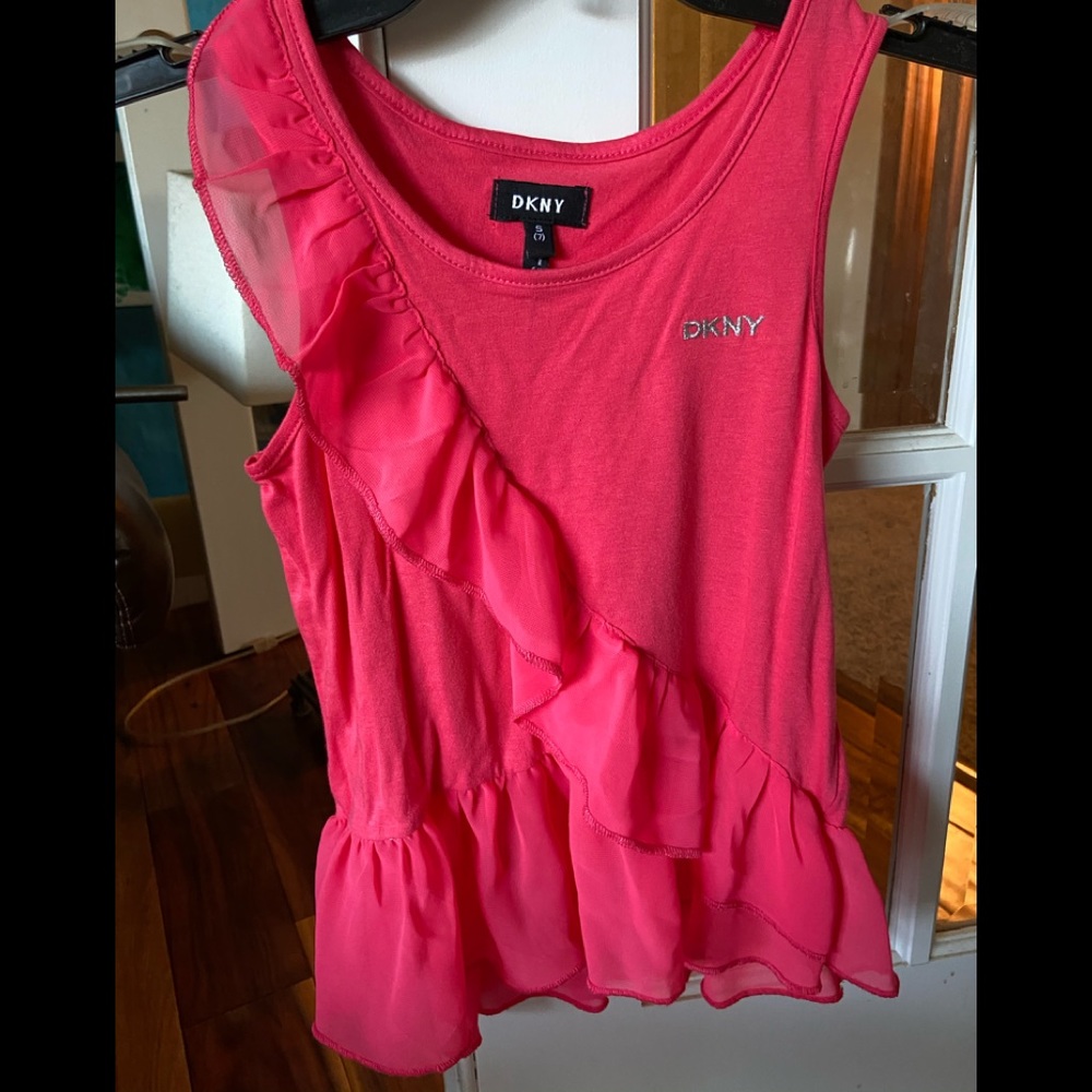 NWOT DKNY girls pink top with chiffon ruffles
